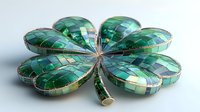 Decorative mosaic shamrock made of emerald green glass tiles and metallic trim creates lucky Irish symbol for St Patrick's Day celebrations and holiday decor.