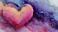 Abstract watercolor heart in pink and purple hues with gold accents on textured background for romantic designs and Valentine's Day projects.