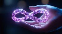 Glowing purple infinity symbol floating above open palm in dark background with magical particle effect and ethereal blue lighting creates mystical atmosphere.