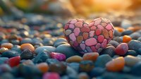Heart-shaped collection of colorful pebbles on beach stones during golden hour sunset. Romantic love symbol made from natural materials for greeting cards.