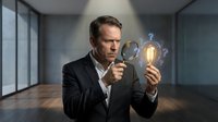 Middle-aged Caucasian businessman in dark suit examining glowing lightbulb with magnifying glass in modern office, representing innovation and analysis.