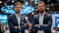 Two confident Caucasian businessmen in suits standing with arms crossed at technology conference, blue futuristic interface display floating above. Corporate event setting.