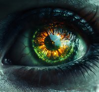 Macro shot of mystical eye with vibrant green and gold iris, dramatic dark lashes and supernatural glow, creating ethereal fantasy atmosphere for creative projects.