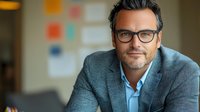 Confident mature businessman in glasses and grey blazer smiling at camera in modern office setting with colorful sticky notes on wall background.