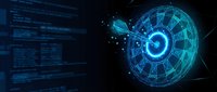 Futuristic holographic interface with glowing blue circular HUD display and digital data streams for technology and sci-fi design projects.