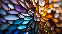Abstract metallic flower with iridescent petals in blue, purple and gold tones creating stunning light reflections and bokeh effects for modern design projects.
