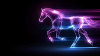 Glowing neon horse silhouette in motion with light trail effect, pink and blue gradient colors on dark background, modern digital art style for creative design.