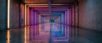 Futuristic neon tunnel with glowing purple and orange light frames creating perspective depth in modern architectural corridor with reflective wet floor.