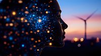 Female silhouette profile against sunset sky with glowing blue and gold particles, wind turbine in background, representing artificial intelligence and clean energy future.