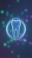 Glowing neon tooth with luminous circle on dark blue background with colorful bokeh lights for dental care and oral health concepts.