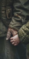 Elderly and young hands clasped together against dark green winter coats, symbolizing connection between generations. Perfect for family, care, support, or aging concepts.
