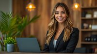 Young Hispanic businesswoman in black blazer working on laptop at modern office desk with warm lighting and plants, expressing confidence and success.