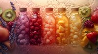 Colorful fruit-infused water bottles arranged in rainbow gradient with fresh fruits and lavender, bubbles and droplets on glass surface in warm lighting.