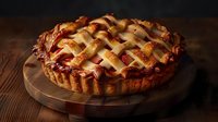 Freshly baked lattice cherry pie with golden brown woven crust on wooden cutting board against dark rustic background, homemade pastry with fruit filling.