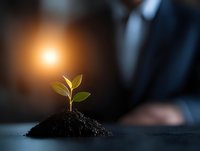 Young green sprout growing from soil with businessman in background, symbolizing business growth, investment success and sustainable development.