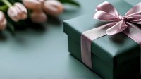 Dark green gift box with pink satin bow and blurred pink tulips in background on moody teal surface, romantic holiday present composition.
