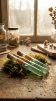 Natural herbal medicine laboratory with green liquid test tubes, dried herbs, glass jars and botanical specimens on rustic wooden table by window for wellness research.