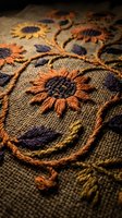 Colorful embroidered sunflowers on natural burlap fabric showcasing traditional needlework craftsmanship with orange and purple thread details.