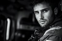 Dramatic black and white portrait of young male soldier with intense gaze and stubble, wearing tactical gear in low-light military environment.