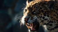 Close-up portrait of a jaguar with spotted coat showing teeth and fangs against dark background, highlighting wild predator's fierce expression and natural hunting instinct.