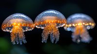 Glowing jellyfish with luminescent tentacles floating in dark water. Magical underwater scene with bioluminescent sea creatures creating ethereal light effects.