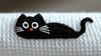 Embroidered black cat with white whiskers and orange nose on white fabric texture, handmade needlework detail showing cute feline design for craft projects.