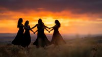 Four women holding hands in silhouette against dramatic orange sunset sky, standing in field creating circle of unity and friendship during golden hour.