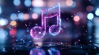 Glowing purple musical note floating above water surface with bokeh lights background creates magical atmosphere for music and entertainment concepts.