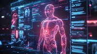 Futuristic holographic display showing anatomical human body scan with digital interface and medical data visualization in dark environment.