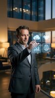 Professional businessman touching digital interface with cloud computing and business icons in modern office environment for corporate technology solutions.