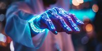 Futuristic glowing neon hand with digital technology aesthetic against blurred bokeh background, representing artificial intelligence and cybernetic innovation.