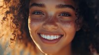 Young African American woman with natural curly hair and freckles showing bright white smile against dark background with golden sunlight creating warm glow.