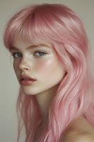 Young Caucasian woman with trendy pink hair and bangs looking away with natural makeup and glowing skin for beauty and fashion concepts.