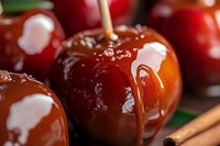 Glossy caramel candy apples with wooden sticks, dripping with sweet coating. Close-up macro shot showing rich texture and shine against dark background.