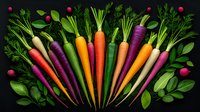 Fresh colorful rainbow carrots arranged in fan pattern with green herbs and red berries on dark background, organic vegetables for healthy eating.