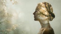 Double exposure portrait of a woman with tree branches and golden foliage overlaid on her profile, symbolizing nature connection and mindfulness for wellness and environmental themes.