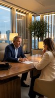 Mature male executive in dark blazer and light blue shirt conducting business meeting with female professional in cream sweater at wooden desk in modern high-rise office with floor-to-ceiling windows overlooking city skyline, potted plant, and warm lighting.