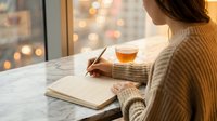 Woman with brown hair, Caucasian ethnicity, wearing a beige knit sweater, writing in a notebook by a window with city lights and tea cup visible, creative professional or student at work.