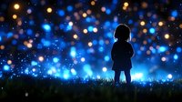 Silhouette of small child standing in grass against magical night sky with glowing blue bokeh lights and sparkles creating dreamy atmosphere.