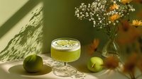 Fresh green apple cocktail in coupe glass with lime fruits and delicate white flowers in vase against olive background with dramatic shadows.
