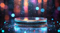 Glowing neon blue light ring on dark background with colorful bokeh effect and sparkles, futuristic technology concept for digital product display.