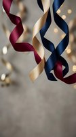 Elegant twisted ribbons in burgundy, gold and navy blue colors hanging gracefully with soft bokeh lights creating festive holiday atmosphere for celebrations.