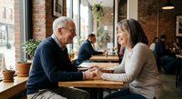 Senior Caucasian couple holding hands across cafe table, smiling warmly in cozy brick restaurant setting with natural lighting for relationship and dining concepts.