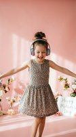 Happy young girl dancing with headphones in floral dress against pink background with flowers and Mother's Day decorations for celebration content.