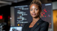Professional African American businesswoman with dreadlocks in black blazer smiling confidently at corporate office, leadership portrait against blurred workplace background.