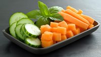 Fresh sliced cucumber and carrot sticks arranged on black plate with green basil leaf garnish, healthy vegetarian snack for diet and nutrition.