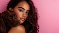 Young Hispanic woman with natural makeup and long dark wavy hair embracing chocolate brown spaniel dog against pink background, intimate pet portrait showing bond and affection.