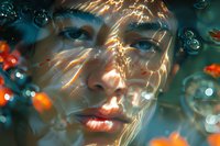 Young Asian woman face with water reflections and light patterns creating dreamy underwater effect, orange and teal tones, artistic portrait photography.