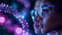 Young African American female scientist in protective glasses observing glowing purple DNA helix structure against dark background with bokeh lights and reflections.