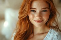 Young redhead woman with freckles smiling warmly at camera in soft natural light wearing white blouse for lifestyle and beauty content.